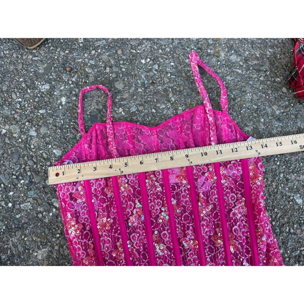 Vintage Pink Sequin Corset Bustier Top Boning Spaghetti Strap Party Y2K Prom - Picture 5 of 5
